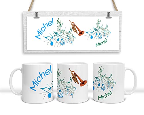 Personalisierte Musiker-Tasse. Kaffeetasse mit Noten, Trompete und mit Namen. (Blau-Grün) von DRUC KLAUS