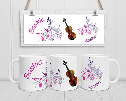 Personalisierte Musiker-Tasse. Kaffeetasse mit Noten, Violine - Geige und mit Namen. (Pinktöne) von DRUC KLAUS