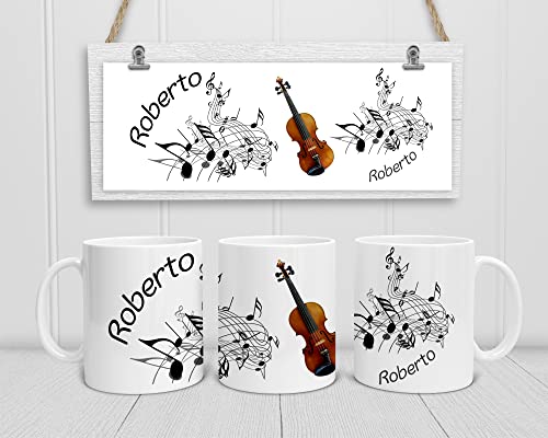 Personalisierte Musiker-Tasse. Kaffeetasse mit Noten, Violine - Geige und mit Namen. (Schwarz-Weiß) von DRUC KLAUS