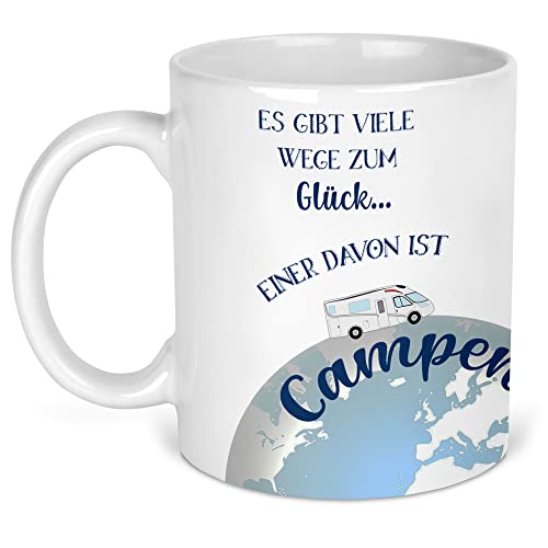 Tasse Wohnmobil. Camper-Tasse aus Keramik mit Wohnmobil und Spruch Camperglück (Dunkelblau) von DRUC KLAUS