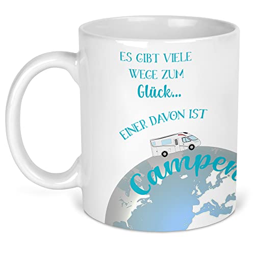 Tasse Wohnmobil. Camper-Tasse aus Keramik mit Wohnmobil und Spruch Camperglück (Hellblau) von DRUC KLAUS