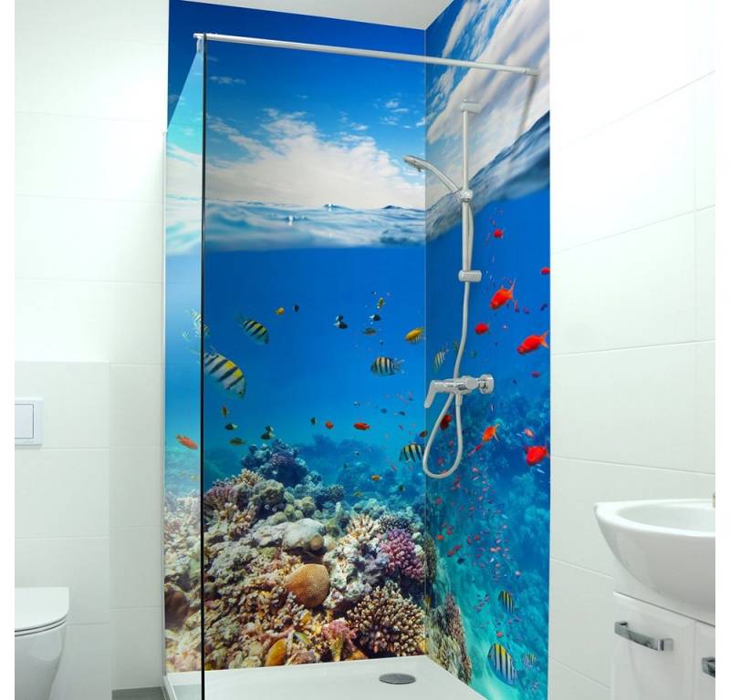 DRUCK-EXPERT Duschrückwand Premium Duschrückwand - langlebiger Fliesensticker aus 0,4 mm selbstklebenden Hart-PVC von DRUCK-EXPERT