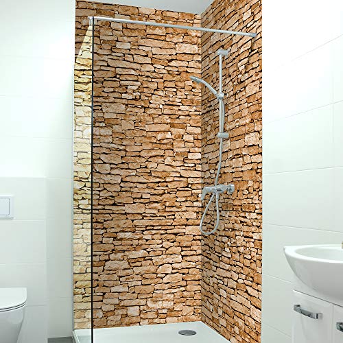 DRUCK-EXPERT Premium Duschrückwand 0,4 mm selbstklebendes Hart-PVC, Größe:1 x B 103 x H 240 cm Hochformat, Muster:Naturstein Braun von DRUCK-EXPERT