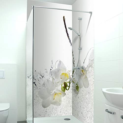 DRUCK-EXPERT Premium Duschrückwand 0,4 mm selbstklebendes Hart-PVC, Größe:1 x B 103 x H 240 cm Hochformat, Muster:Orchideen Splash von DRUCK-EXPERT