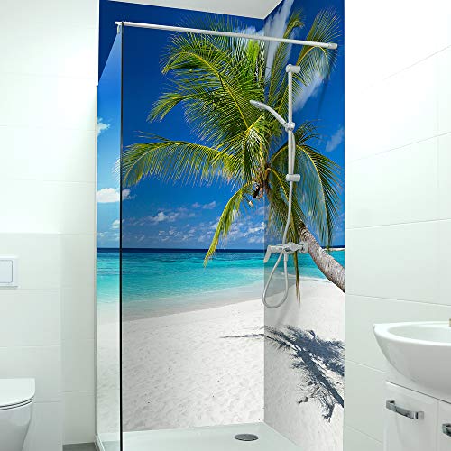 DRUCK-EXPERT Premium Duschrückwand 0,4 mm selbstklebendes Hart-PVC, Größe:1 x B 103 x H 240 cm Hochformat, Muster:Palmen Strand von DRUCK-EXPERT