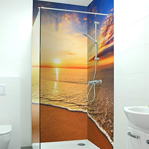 DRUCK-EXPERT Premium Duschrückwand 0,4 mm selbstklebendes Hart-PVC, Größe:3 x B 103 x H 240 cm Hochformat, Muster:Sonnenuntergang Meer von DRUCK-EXPERT