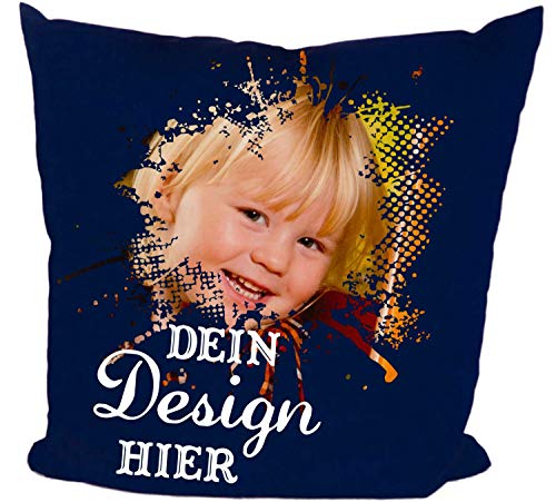 Druckreich Kissen selbst gestalten, Fotokissen mit Wunschtext, Logo, Motiv, Foto, personalisiert (Navy, Mit Füllung) von Druckreich