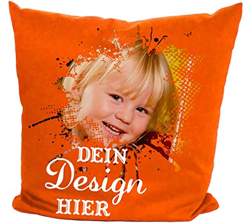Druckreich Kissen selbst gestalten, Fotokissen mit Wunschtext, Logo, Motiv, Foto, personalisiert (Orange, Mit Füllung) von Druckreich