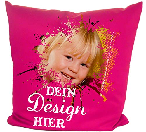 Druckreich Kissen selbst gestalten, Fotokissen mit Wunschtext, Logo, Motiv, Foto, personalisiert (pink, Mit Füllung) von Druckreich