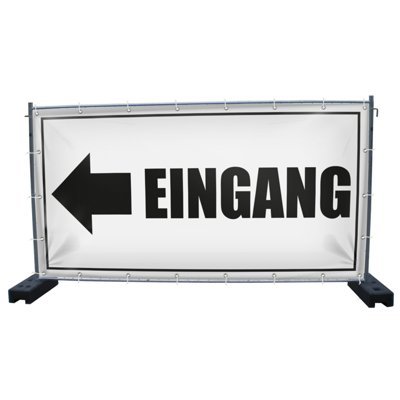 DRUCKUNDSO (Mesh) Eingang Links Bauzaunbanner, Sichtschutz, Windschutz, Zaunblende, Festival Banner, 340 x 173 cm von DRUCKUNDSO