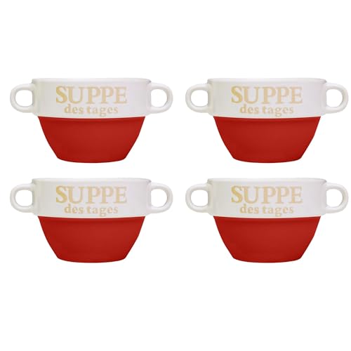 4 Stück Suppentasse aus Keramik mit Schriftzug "Suppe des Tages" Ø 13 cm Rot von DRULINE