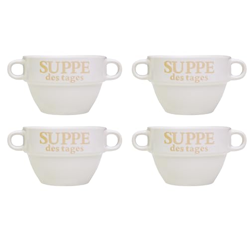 4 Stück Suppentasse aus Keramik mit Schriftzug "Suppe des Tages" Ø 13 cm Weiß von DRULINE