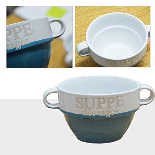 6er Set Suppentasse Suppen Tasse Suppenschüssel Schüssel Suppenterrine Landhaus Suppentassen 8 cm Ø 13 cm Suppenschalen für 6 Personen aus Porzellan, Schalen Füllmenge: 550 ml, mit Henkeln Blau von DRULINE