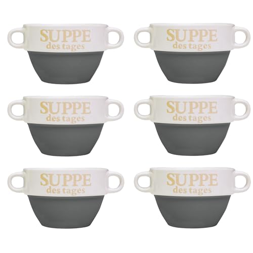6er Set Suppentasse Suppen Tasse Suppenschüssel Schüssel Suppenterrine Landhaus Suppentassen 8 cm Ø 13 cm Suppenschalen für 6 Personen aus Porzellan, Schalen Füllmenge: 550 ml, mit Henkeln Grau von DRULINE