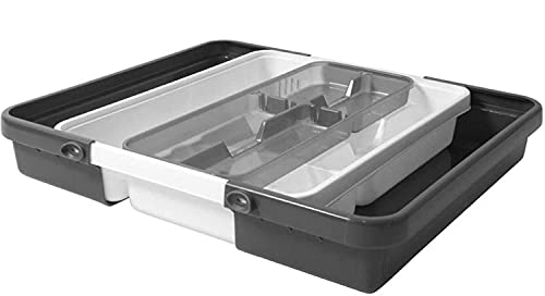 Besteckkasten fur Schubladen aus Kunststoff. Schubladeneinsatz Besteckeinsatz mit 6-9 Fächern. Großer, Ausziehbarer Küchenorganizer. Auf bis zu ungefähr 39 x 32 bis 55 x 7 cm Ausziehbar Creme/Grau von DRULINE