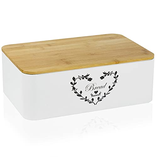 DRULINE Brotkasten mit Bambusdeckel - Brotaufbewahrung - Brotbox mit Schneidebrett - Brotkasten weiß - Metall weiß/Bambusdeckel - B/H/T ca. 35 x 12,5 x 23 cm - Landhaus Stil von DRULINE