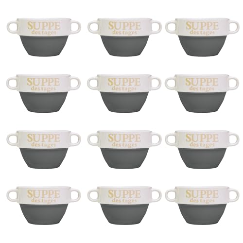 DRULINE 12x Set Suppentasse Grau aus Keramik Ø 13 cm mit Henkel – Hochwertige Suppenschale, Hitzebeständig und Leicht – Perfekt für Suppe, Eintöpfe & heiße Getränke – Stapelbar und Spülmaschinenfest von DRULINE
