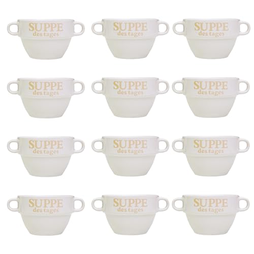 DRULINE 12x Set Suppentasse Weiß aus Keramik Ø 13 cm mit Henkel – Hochwertige Suppenschale, Hitzebeständig und Leicht – Perfekt für Suppe, Eintöpfe & heiße Getränke – Stapelbar und Spülmaschinenfest von DRULINE