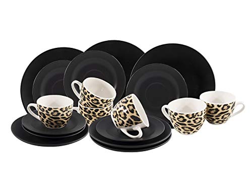 DRULINE 18 TLG. Kaffeeservice Set Kaffee & Tee-Gedeck für 6 Pers. I Kaffeetassen + Unterteller + Kuchen-/Dessertteller I abstraktes Design I handbemalt Kaffee-Set Leopard von DRULINE