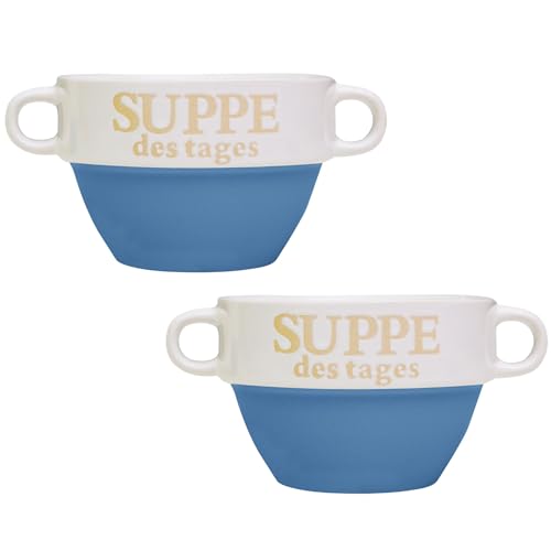 DRULINE 2 Stück Suppentasse aus Keramik mit Schriftzug Suppe des Tages Ø 13 cm Blau von DRULINE