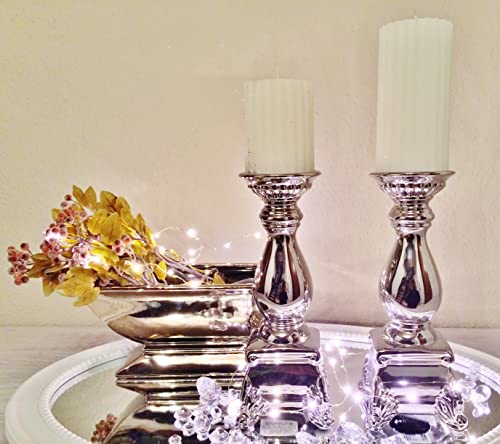 2er Set Kerzenständer Kerzenleuchter Kerzenhalter Keramik Größe 27/32 cm Stumpenkerzenhalter Windlicht Teelichthalter Stabkerzenhalter Säulenständer Hochzeitsdeko Silber von DRULINE