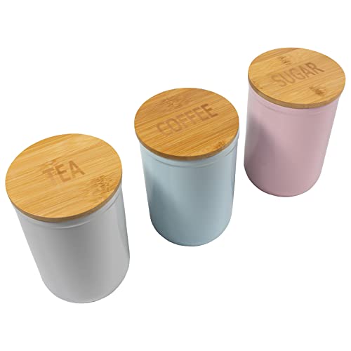DRULINE 3er-Set Keramik Vorratsdose mit Bambusdeckel mit luftdichtem Verschluss Aufbewahrungsbox Vorratsbehälter Keramikbehälter lebensmittelecht TeeDose Kaffeedose Zuckerdose von DRULINE