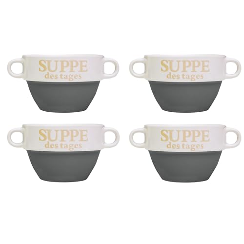 DRULINE 4x Set Suppentasse Grau aus Keramik Ø 13 cm mit Henkel – Hochwertige Suppenschale, Hitzebeständig und Leicht – Perfekt für Suppe, Eintöpfe & heiße Getränke – Stapelbar und Spülmaschinenfest von DRULINE