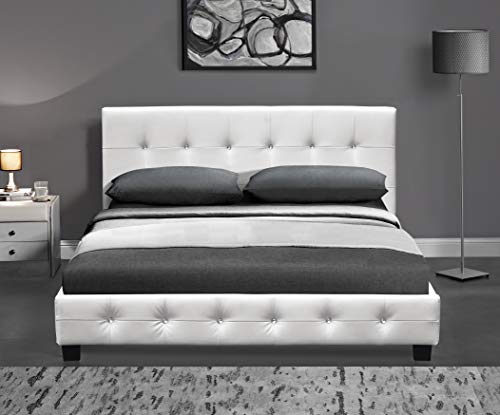 DRULINE Bett - Bett 140x200 cm - Luxusbett - Bettgestell - Polsterbett - mit Lattenrost - Kunstleder weiß - mit 21 Strasssteinen von DRULINE