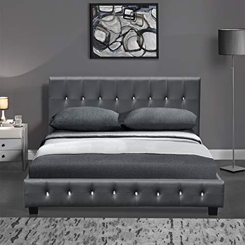 DRULINE Bett - Bett 160x200 cm - Luxusbett - Bettgestell - Polsterbett - mit Lattenrost - Kunstleder grau - mit 21 Strasssteinen von DRULINE