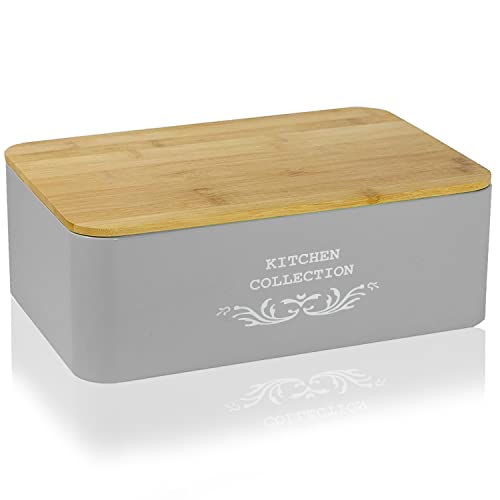 DRULINE Brotkasten mit Bambusdeckel - Brotaufbewahrung - Brotbox mit Schneidebrett - Brotkasten grau - Metall grau/Bambusdeckel - B/H/T ca. 35 x 12,5 x 23 cm - Landhaus Stil von DRULINE