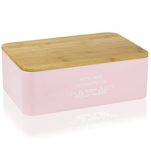 DRULINE Brotkasten mit Bambusdeckel - Brotaufbewahrung - Brotbox mit Schneidebrett - Brotkasten rosa - Metall rosa/Bambusdeckel - B/H/T ca. 35 x 12,5 x 23 cm - Landhaus Stil von DRULINE