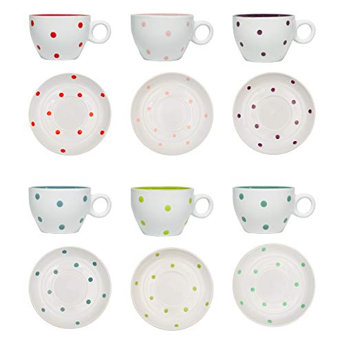 DRULINE DOTS Kombiservice White: 6er-Set Kaffeetasse m. Untertasse (Rot, Lila, Mint, Petrol, Rosa, Apfelgrün) von DRULINE