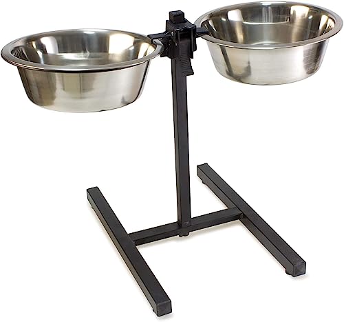 DRULINE Futterstation Hund - Hundenapf erhöht - Napf - Hund - Napfständer höhenverstellbar - 2 Näpfe Edelstahl, je Ø25 cm, 2,4 L - Silber/schwarz - B/H/T ca. 53 x 42 x 26 cm - rutschfeste Füße von DRULINE