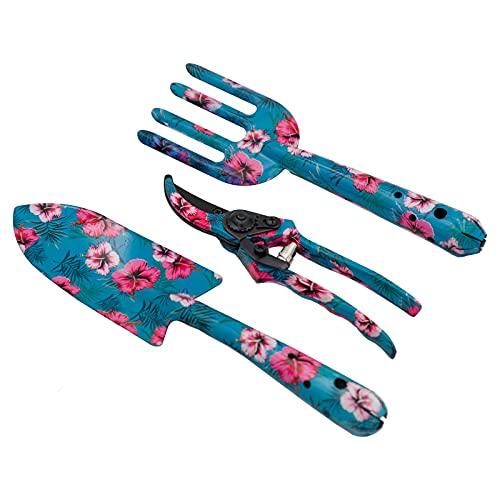 DRULINE 3er Set Gartenwerkzeug - Set Gartengeräte - Gartenwerkzeugset - Eisen/Edelstahl/Kunststoff - mehrfarbig/mit Blumendekor - türkis/pink - Geschenkidee von DRULINE