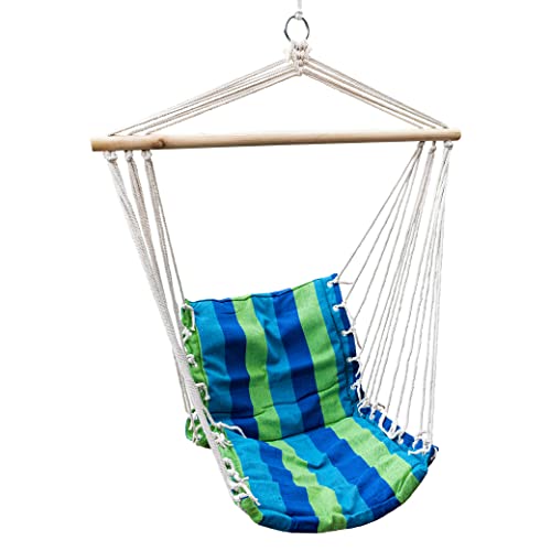 DRULINE Boho Hängesessel - Hängestuhl - Hängeschaukel - Hängesitz - Hippie - 100% Baumwolle - blau/grün gestreift - bis 100 KG belastbar - Indoor/Outdoor - für Erwachsene + Kinder von DRULINE