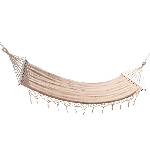 DRULINE Hippie Hängematte - Stabhängematte - Hängeliege - Schwebeliege - braun - 100% Baumwolle/Holz - LF ca. 70 x 190 cm - mit hübschen Fransen - Boho von DRULINE