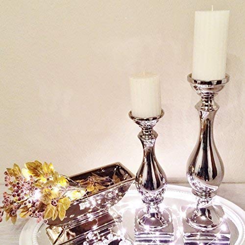 2er Set Kerzenständer Kerzenleuchter Kerzenhalter Keramik Größe 31/39 cm Stumpenkerzenhalter Windlicht Teelichthalter Stabkerzenhalter Säulenständer Hochzeitsdeko Silber von DRULINE