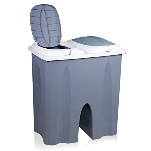 DRULINE – Premium Duo Mülleimer mit 2 Deckeln – Mülleimer mit 2 Fächer für Küche – Pflegeleicht – Abfalleimer Küche – luftdicht mit Klappdeckel – abnehmbarer Deckel mit Druckknopf – 2x25L – Grau/Blau von DRULINE