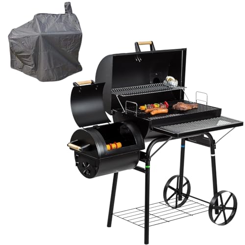 DRULINE Smoker - Grill – inkl. Abdeckhaube - BBQ - Holzkohlegrill - Lokomotive - Stahl schwarz - Grillflächen ca. 66 x 41 cm/30 x 30 cm - Geschenk für Männer von DRULINE