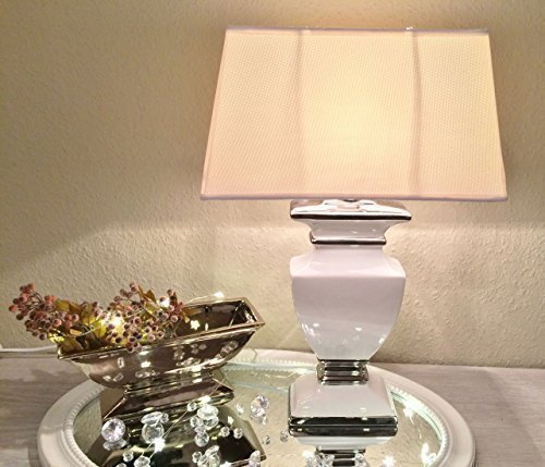 DRULINE Tischlampe - Tischleuchte - Lampe - Nachttischlampe - mit Lampenschirm Keramik/Weiß-Silber - 1 x E27 OHNE Leuchtmittel - B/H/T ca. 36 x 53 x 22 cm von DRULINE