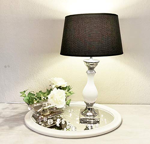DRULINE Tischlampe Lampe Nachttisch leuchte mit Schirm Klassische Dekoration fürs Schlafzimmer | Wohnzimmer | Esszimmer| aus Keramik Groß | L x B x H 35 x 35 x 60 cm | Weiß Silber Schwarz von DRULINE