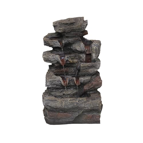 DRULINE Zimmerbrunnen mit LED, Elegantes Wasserspiel mit Deko-Steingarten & Teich, Bruchfester Tischbrunnen aus Polyresin in Steinoptik, Desktop Wasserfall mit Pumpe, Grau Schwarz, 17,5 x 23 x 26,5 cm von DRULINE