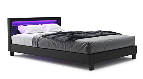 Polsterbett Texas LED Bett mit Fernbedienung 180 x 200 cm Luxusbett Bettgestell mit LED Beleuchtung Designer Bett Lattenrost & Kopfteil Kunstleder & Holz Schwarz —geräumiges Doppelbett Ehebett von DRULINE