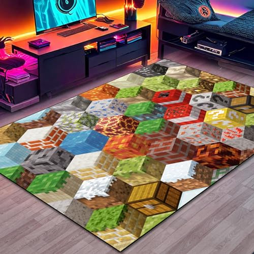 Block-Spiel-Teppich für Teenager, Jungen, Teppich mit Pixel-Spielelementen, Dekorationsmatte, Würfel-Block-Spielteppiche für Jungen-Schlafzimmer, Wohnzimmer, Spielzimmer, rutschfeste Block-Spiel-Teppich für Teenager, Jungen, Teppich mit Pixel-Spielelementen, Dekorationsmatte, Würfel-Block-Spielteppiche für Jungen-Schlafzimmer, Wohnzimmer, Spielzimmer, rutschfeste von DRVAKO