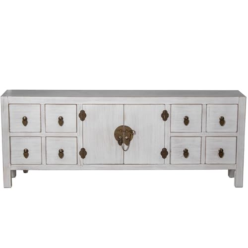 Asiatischer TV-Tisch mit 8 Schubladen und 2 Türen aus MDF-Holz in weiß gebeizt, 130 x 24 x 50 cm von DRW