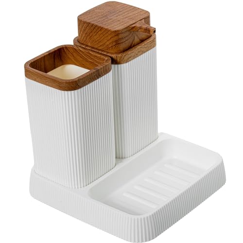 Badezimmer-Set mit Dosierer, Becher und Seifenschale aus Acryl, Weiß und Natur, 15 x 15 x 16 cm von DRW