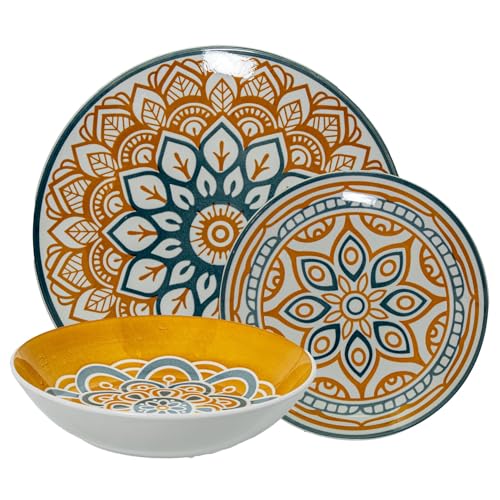 DRW 18-teiliges Tafelservice aus Porzellan, Mandala, Gelb und Blau, 26 x 6 x 26 cm von DRW