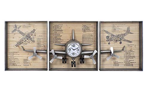 DRW Set von 3 Wanduhr mit 1 Flugzeug aus Metall und Glas in Silber, 205 x 28 x 75 cm, Kristall, 205x28x75cm von DRW