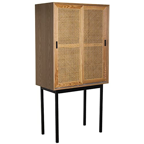 DRW Sideboard mit 2 Schiebetüren aus MDF, Weide und Metall in Natur und Schwarz, 76 x 40 x 154 cm von DRW