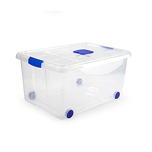 DRW Aufbewahrungsbox aus PVC, transparent, mit Deckel und Rollen, 57 l, 45 x 62 x 32 cm von DRW